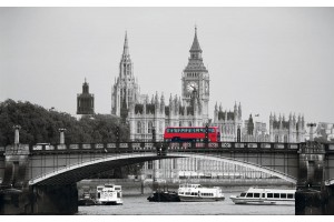 Фототапет лондонски изглед мост с червен автобус
