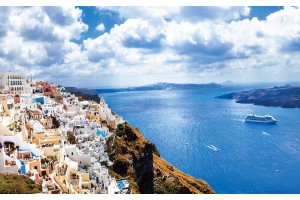 прекрасна панорама изглед Санторини бели къщи и море 