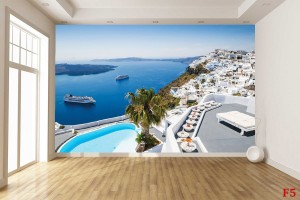 Фототапет гледка с кораб от Санторини