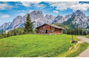 Фототапет планински изглед с дървена хижа
