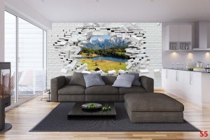 Фототапети 3d разбита тухлена стена изглед от  планина и езеро