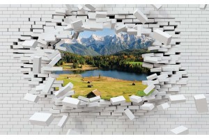 Фототапети 3d разбита тухлена стена изглед от  планина и езеро