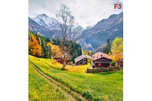 Фототапет планински пейзаж Алпи с фермерски къщи 