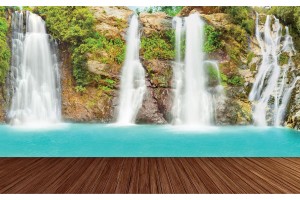 Фототапети лазурен водопад с дървена платформа