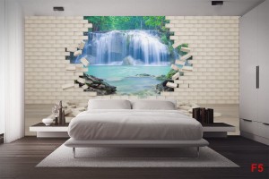 Фототапети гледка на водопад през тухлена стена