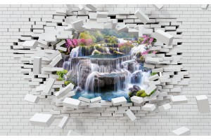 Фототапети 3d разбита тухлена стена изглед от водопад с цветя 