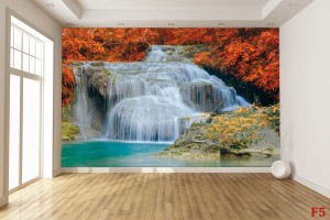 Фототапет водопад на фона на червени листа