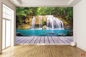 Фототапет изглед водопад и дървена платформа