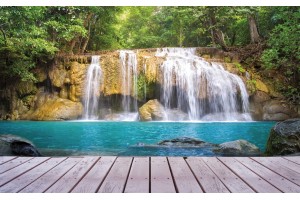 Фототапет изглед водопад и дървена платформа