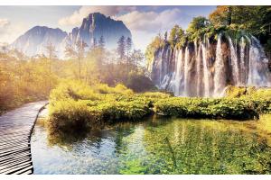 Фототапети красив водопад с езеро и пътека