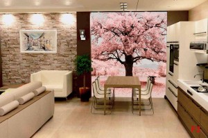 Фототапет дизайнерски дърво розов пейзаж