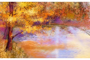 Фототапети цветна рисувана картина дърво край езеро