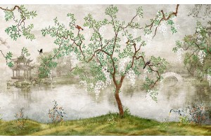 Фототапет от рисуван японски пейзаж с езеро дървета и птици