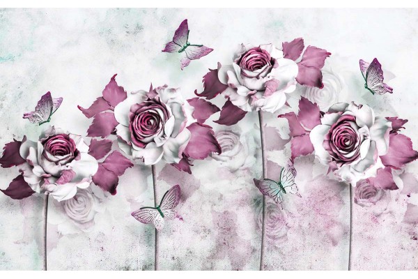 Фототапет от картина с водни бои рози и пеперуди в 2 цвята