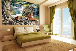 тигър на фон горски водопади