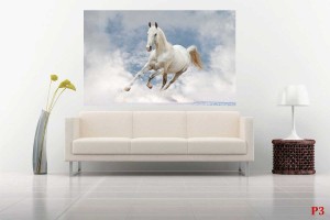Фототапет бял кон галоп на фон небе сини облаци 