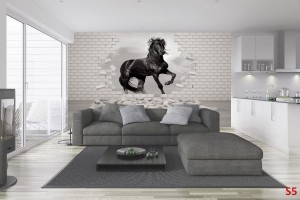 Фототапети черен кон на разбита тухлена стена