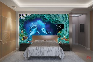 Фототапети 3D визуализация на морско дъно и делфини в 2 цвята