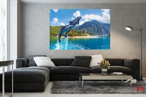 Фототапет скачащи делфини на фона на планински изглед