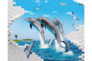 Фототапет 3д илюзия морски скачащи делфини -разбита стена 