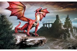 Фототапети 3D червен дракон на фон мистичен замък