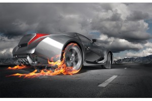 Фототапет сив спортен автомобил в пламъци